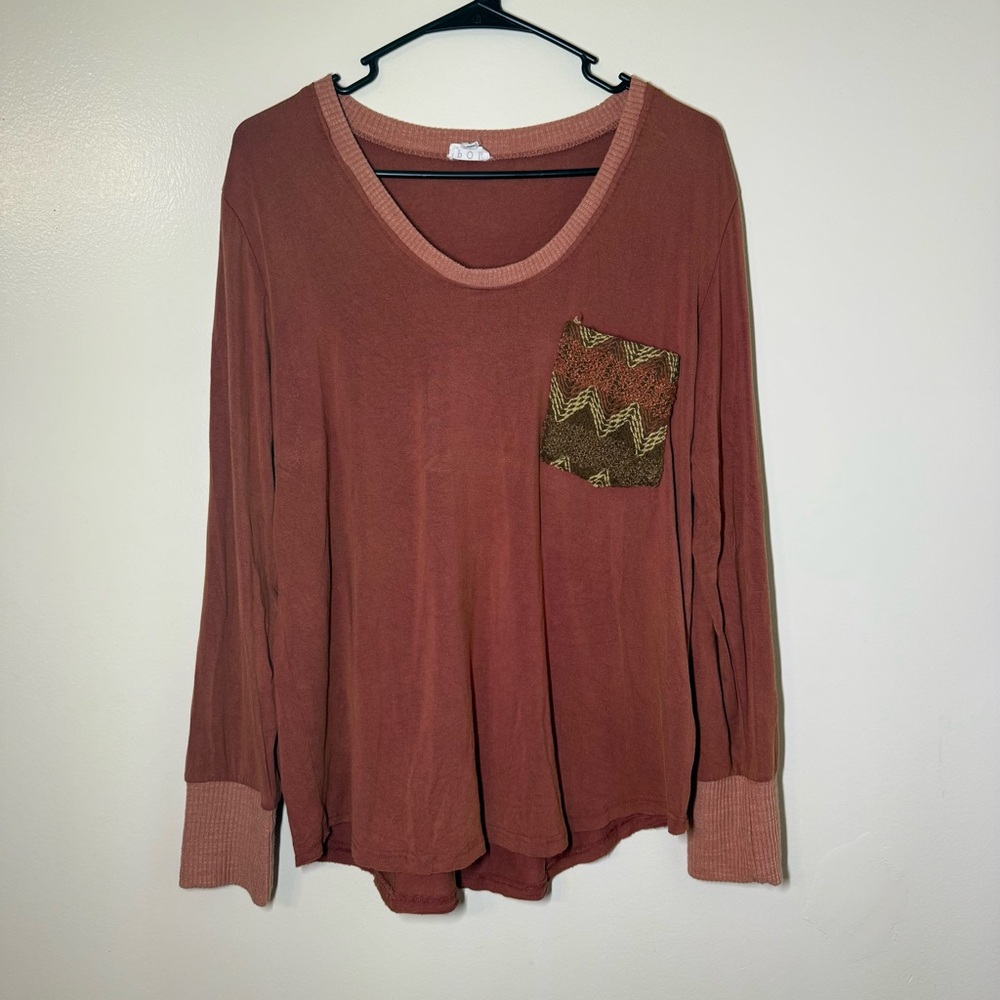 POL Rust Long Sleeve Top with Patterned Pocket